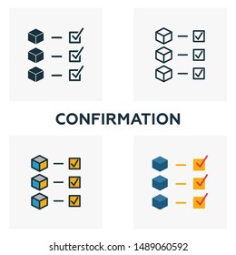 Confirmation icon set. Four elements in diferent styles from blockchain icons collection. Creative confirmation icons filled, outline, colored and flat symbols.