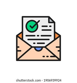Confirmation letter, checked, envelope with check mark color line icon.