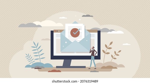 Confirmation Letter And E-mail Letter With Completed Job Tiny Person Concept. Online Communication And Verified Document Sending Or Receiving Vector Illustration. Successful Digital Correspondence.