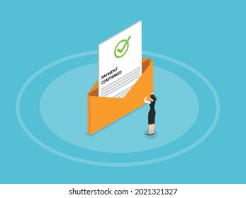 Confirmation Letter Vector Concept. Happy Young Woman Opening A Letter With Payment Confirmed Text While Standing With An Envelope