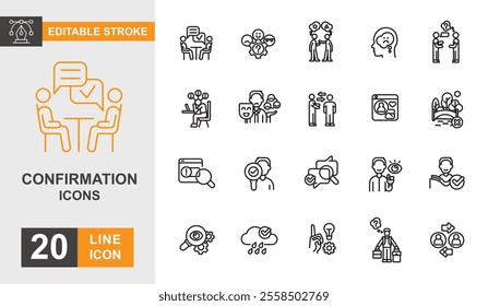 Confirmation line editable icon set. Approval, check mark, verified, validation, success, completion and more line icons.