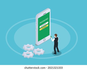 Confirmation password vector concept. Young man confirmed password while log in to his account on mobile phone