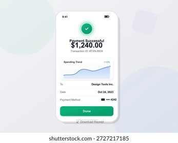 Una pantalla de confirmación muestra un pago de $1,240.00 con detalles de la transacción. El gráfico de tendencia del gasto ilustra la actividad financiera reciente.