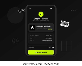 Confirmation screen shows details of a purchase for a brutalism vector set including date, payment method, total paid, and download instructions.