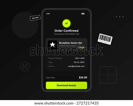 Confirmation screen shows details of a purchase for a brutalism vector set including date, payment method, total paid, and download instructions.