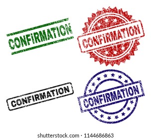 CONFIRMATION seal imprints with corroded surface. Black, green,red,blue vector rubber prints of CONFIRMATION title with corroded surface. Rubber seals with circle, rectangle, medal shapes.
