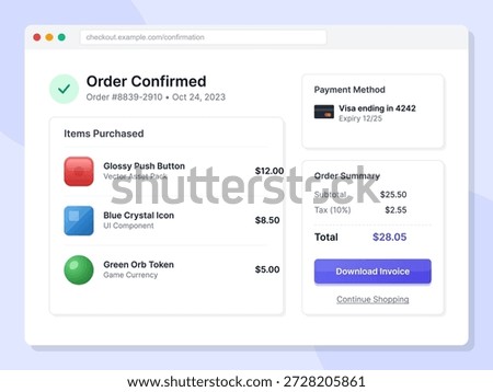 Confirmation shows the order number and date along with a list of purchased items and their prices. It also displays the total payment details and invoice option.