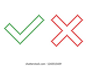 Confirmation symbol and pixel style rejection symbol. Check box list icons set. Vector illustration.