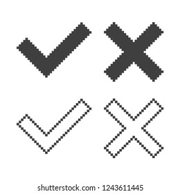 Confirmation symbol and pixel style rejection symbol. Check box list icons set. Vector illustration.