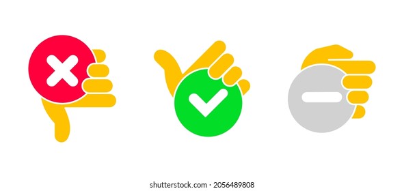 Confirmation, x sign, ok sign, negative and minus sign set. Hand in check mark, negative and minus - neutral sign vector icon set. Editable row set. Colorful icon set. Logo-web, icon design element.