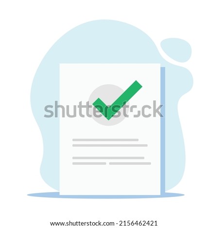 Confirmed approved document with check mark icon flat cartoon vector agreement contract symbol certified license paper form