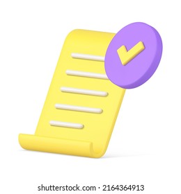 Confirmed approved document curved paper yellow sheet text information 3d icon realistic vector illustration. Business blank legal assignment file form documentation decorative design isolated