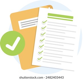 Confirmed or approved document paper sheets, Documents icon, Green check mark on paper page, flat style vector.
