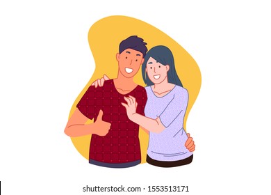 Confirmado, aprobado, bien, como, genial concepto de signo. Un joven sonriente y una chica feliz abrazan juntos y muestran un signo como. Una pareja enamorada en un abrazo mira la cámara. Simple vector plano.