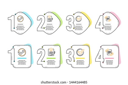 Confirmed, Audit and Rfp icons simple set. Marketing sign. Accepted message, Arrow graph, Request for proposal. Article. Education set. Infographic timeline. Line confirmed icon. 4 options or steps