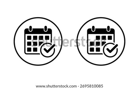 Confirmed calendar icon in circular outline. Event confirmation and date check mark symbol