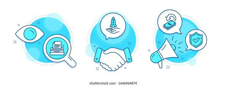 Confirmed, Cashback and Typewriter line icons set. Handshake deal, research and promotion complex icons. Crowdfunding sign. Accepted message, Financial transfer, Writer machine. Start business. Vector