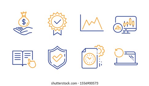 Confirmed, Diagram and Candlestick chart line icons set. Income money, Certificate and Project deadline signs. Read instruction, Recovery laptop symbols. Accepted message, Growth graph. Vector
