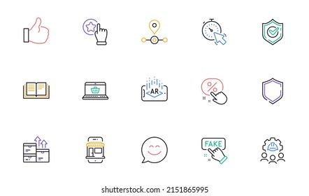 Confirmed, Discount button and Shield line icons for website, printing. Collection of Smile chat, Rate button, Engineering team icons. Like, Timer, Online shopping web elements. Vector