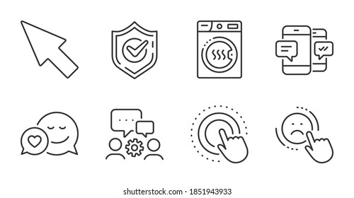 Confirmed, Dislike and Dryer machine line icons set. Smartphone sms, Mouse cursor and Click hand signs. Dating, Engineering team symbols. Accepted message, Negative feedback, Laundry. Vector