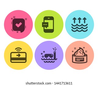 Confirmed, Evaporation and Scuba diving icons simple set. Smartphone message, Contactless payment and Skin cream signs. Accepted message, Global warming. Flat confirmed icon. Circle button. Vector