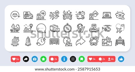 Confirmed flight, Online delivery and Delivery warning line icons pack. Social media: share, comment, like icons. Charging time, Rocket, Travel compass web icon. Vector