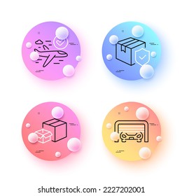 Confirmed flight, Parcel insurance and Parking garage minimal line icons. 3d spheres or balls buttons. Packing boxes icons. For web, application, printing. Vector