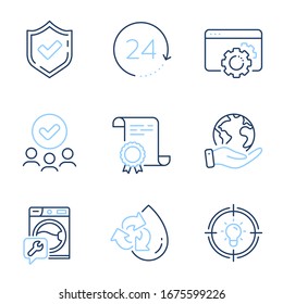 Confirmed, Idea and Seo gear line icons set. Diploma certificate, save planet, group of people. 24 hours, Washing machine and Recycle water signs. Accepted message, Solution, Settings. Time. Vector