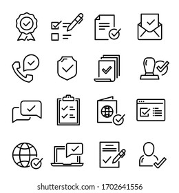Confirmed line icon set, document and communication. Correct choice and agreement Vector line confirmed illustration isolated on white background