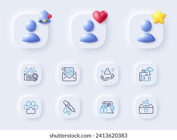 Confirmed mail, Chemistry pipette and Security contract line icons. Placeholder with 3d bell, star, heart. Pack of Luggage insurance, Attention, Donation icon. Cream, Dog paw pictogram. Vector