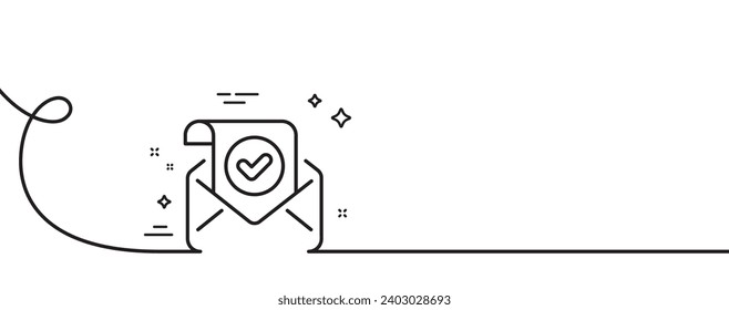 Icono de línea de correo confirmado. Una línea continua con curl. Firma de carta de correo electrónico aprobada. Símbolo de correspondencia verificado. Cinta de esquema único de correo confirmado. Patrón de curva de bucle. Vector