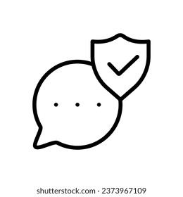 Confirmed message icon. Outline, shield with check mark on message bubble, confirmed message. Vector icon