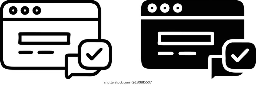 Conjunto de iconos de Web de mensajes confirmados: ventana del navegador de Vector en blanco y negro con chat y símbolo de marca de verificación