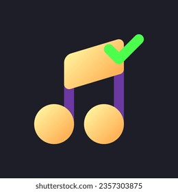 Bestätigte Musik flachen Farbverlauf füllen Sie unser Symbol für dunkles Thema. Fügen Sie dem Video Lied hinzu. Genehmigte Audiospur. Pixel perfekte Farbbildfunktion. GUI, UX Design auf schwarzem Raum. Vektor-einzelne RGB-Illustration