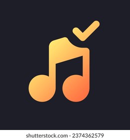 Confirmed music orange solid gradient ui icon for dark theme. Add song to video. Approved audio track. Filled pixel perfect symbol on black space. Modern glyph pictogram for web. Isolated vector image