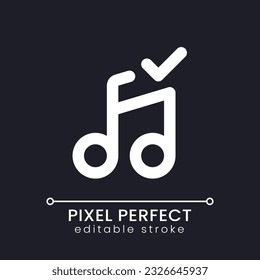 Confirmed music pixel perfect white linear ui icon for dark theme. Add song to video. Approved audio track. Vector line pictogram. Isolated user interface symbol for night mode. Editable stroke