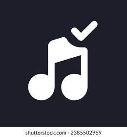 Confirmed music white pixel perfect solid ui icon. Add song to video. Approved audio track. Silhouette symbol for dark mode. Glyph pictogram on black space for web, mobile. Vector isolated image