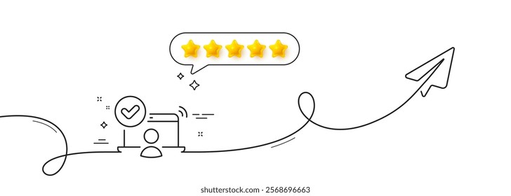 Confirmed online access line icon. Continuous line with share plane. Approved notebook sign. Verified user symbol. Five star rate review in speech bubble. Online access single line ribbon. Vector
