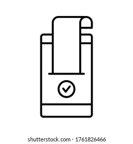 Confirmed online payment. Linear icon of electronic approved purchase. Mobile device or terminal, cash register receipt, acceptance sign. Contour isolated vector, black illustration, white background