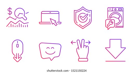 Confirmed, Portable computer and Washing machine line icons set. Touchscreen gesture, Check investment and Scroll down signs. Smile face, Downloading symbols. Gradient confirmed icon. Vector