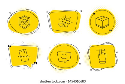 Confirmed, Smile face and Touchscreen gesture signs. Chat bubbles. Delivery box, Love gift and Smartphone waterproof line icons set. Cargo package, Heart, Phone. Accepted message. Business set. Vector