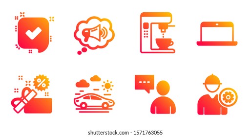 Confirmed, Users chat and Megaphone line icons set. Car travel, Sale and Laptop signs. Coffee maker, Engineer symbols. Accepted message, Communication concept. Business set. Vector