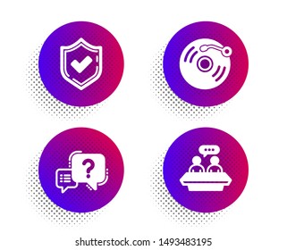 Confirmed, Vinyl record and Question mark icons simple set. Halftone dots button. Employees talk sign. Accepted message, Retro music, Quiz chat. Collaboration. Business set. Vector