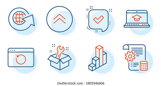 Bekräftigt, World Globe und Swipe up Schilder. Spanner, Website-Bildung und Einstellungen Blueprint-Linie Symbole gesetzt. Recovery Internet, 3D-Diagramm-Symbole. Reparaturservice, Videolernen. Vektorgrafik