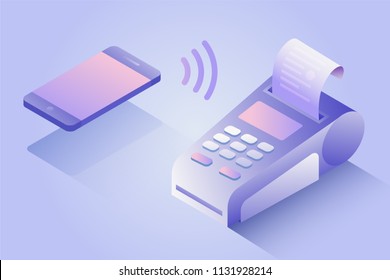 Confirms the payment by mobile phone, Sales printed receipt. POS terminal, electronic bill payment. Isometric NFC payment concept in flat design. Vector illustration