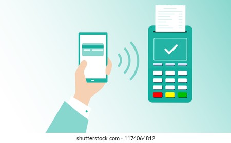 Confirms the payment by mobile phone, Sales printed receipt. POS terminal, electronic bill payment. New POS terminal and hight technology smartphone with nfc Near-field communication payment completed