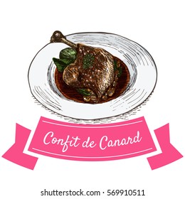 Confit de Canard colorful illustration. Vector illustration of French cuisine.