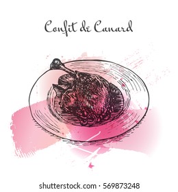 Confit de Canard watercolor effect illustration. Vector illustration of French cuisine.