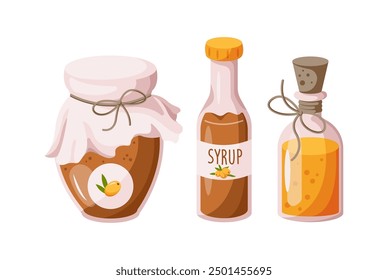 Confitura, jarabe y aceite de espino cerval de mar 2D objetos de dibujos animados conjunto. Productos de medicina herbaria de bayas silvestres iconos de vectores de línea plana en blanco