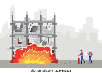 Conflagration flat composition with firefighters extinguishing fire in unfinished city building vector illustration